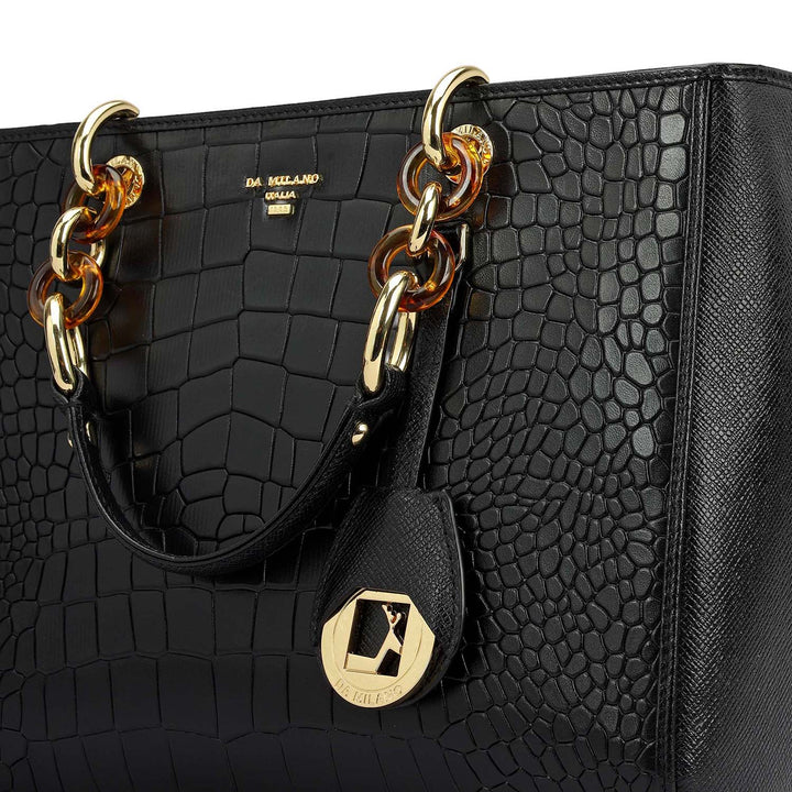 Medium Croco Leather Satchel - Black