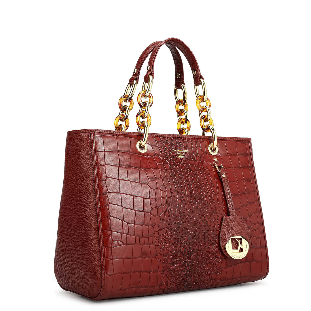 Medium Croco Leather Satchel - Cherry