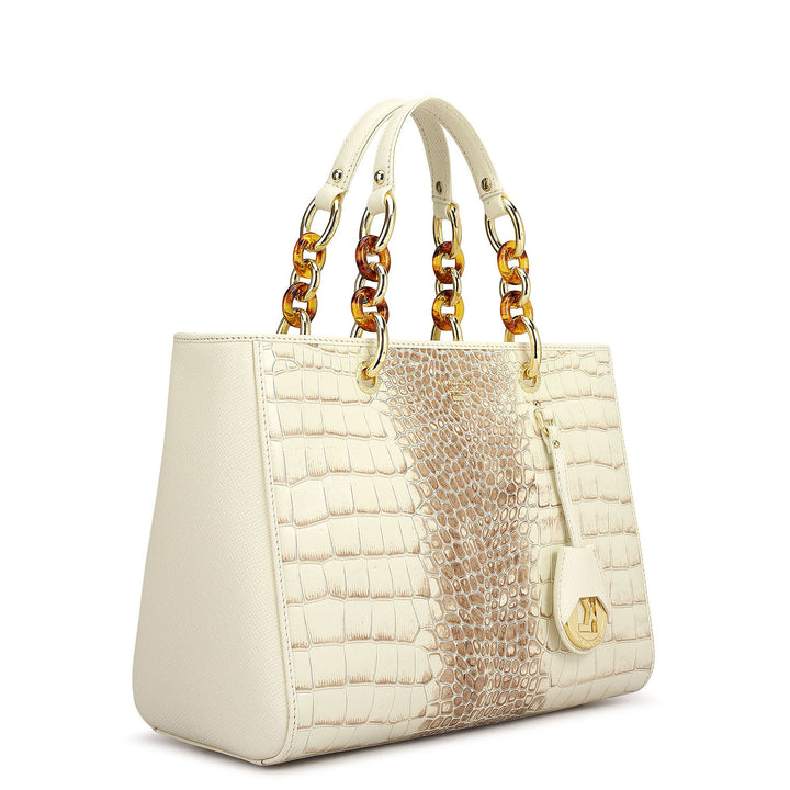 Medium Croco Leather Satchel - Marshmallow