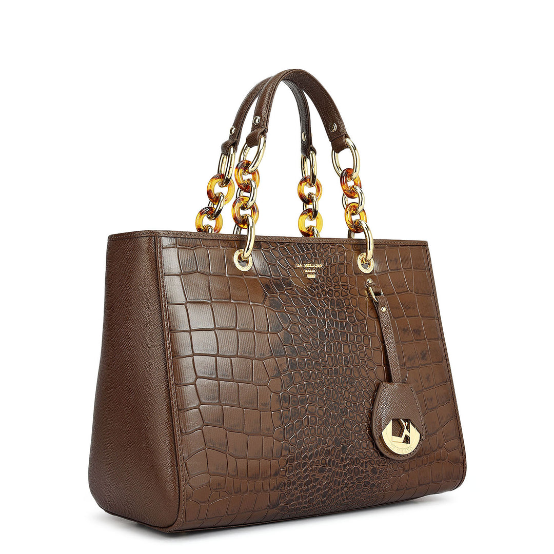 Medium Croco Leather Satchel - Walnut