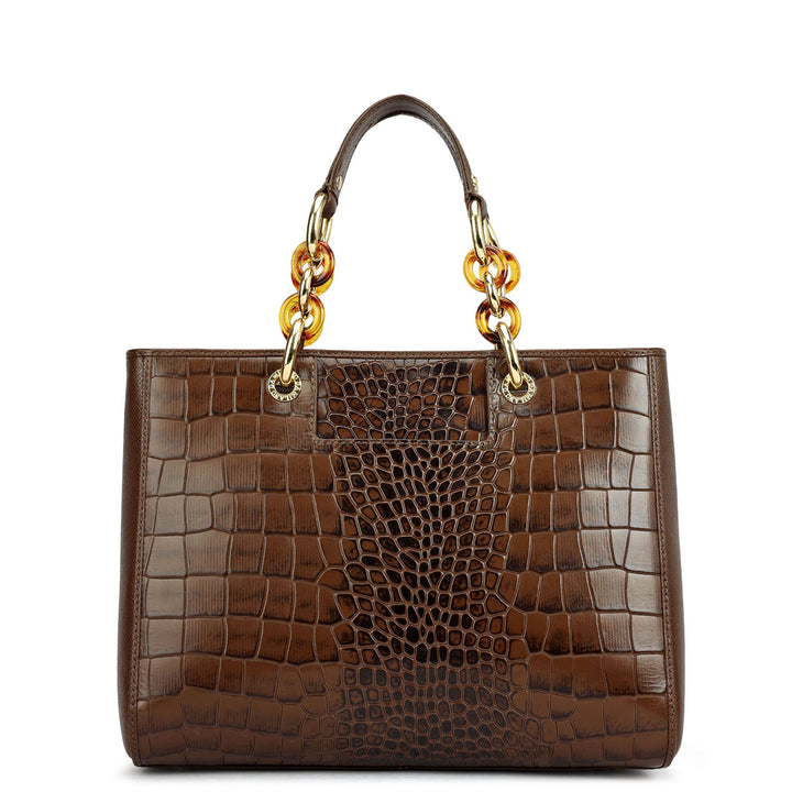 Medium Croco Leather Satchel - Walnut
