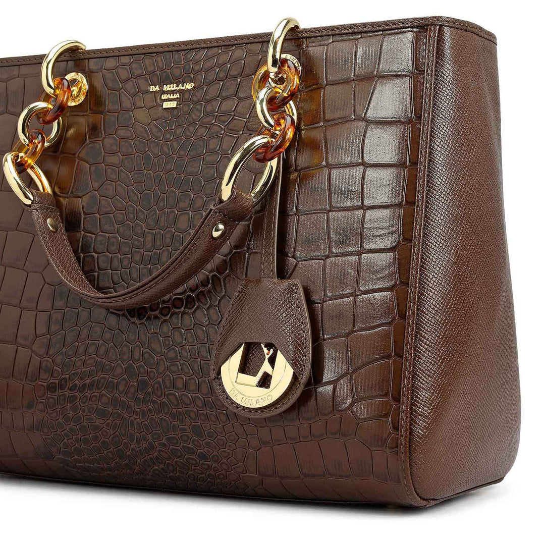 Medium Croco Leather Satchel - Walnut