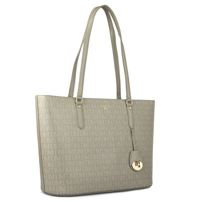 Large Monogram Leather Tote - Stone Grey