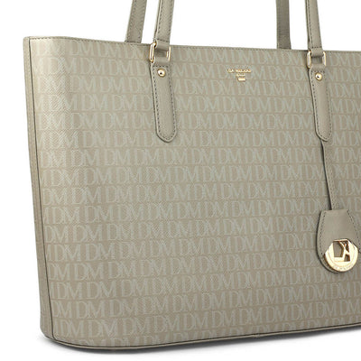 Large Monogram Leather Tote - Stone Grey