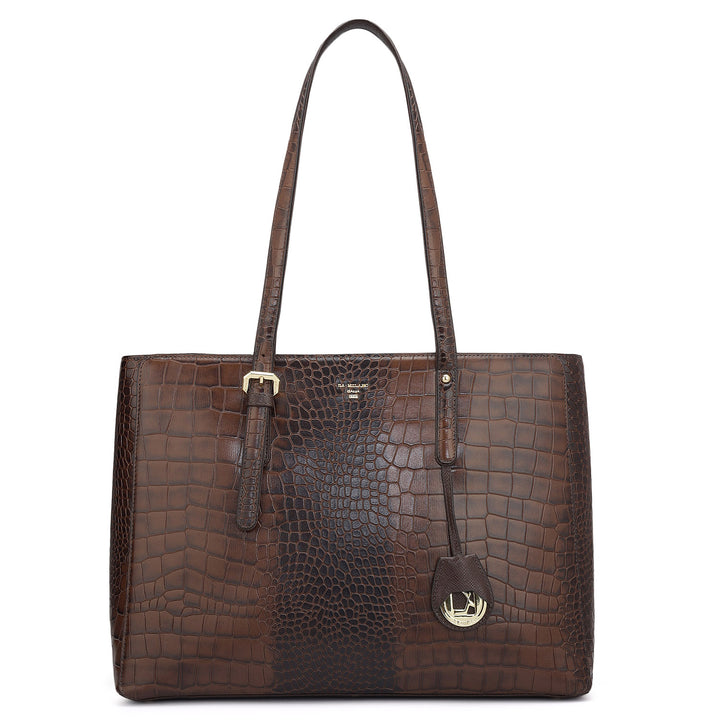 Large Croco Leather Tote - Brown