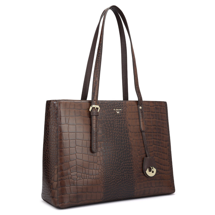 Large Croco Leather Tote - Brown