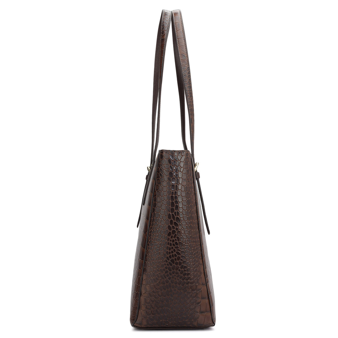 Large Croco Leather Tote - Brown