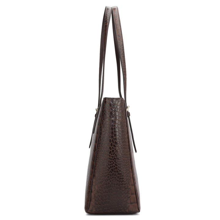 Large Croco Leather Tote - Brown