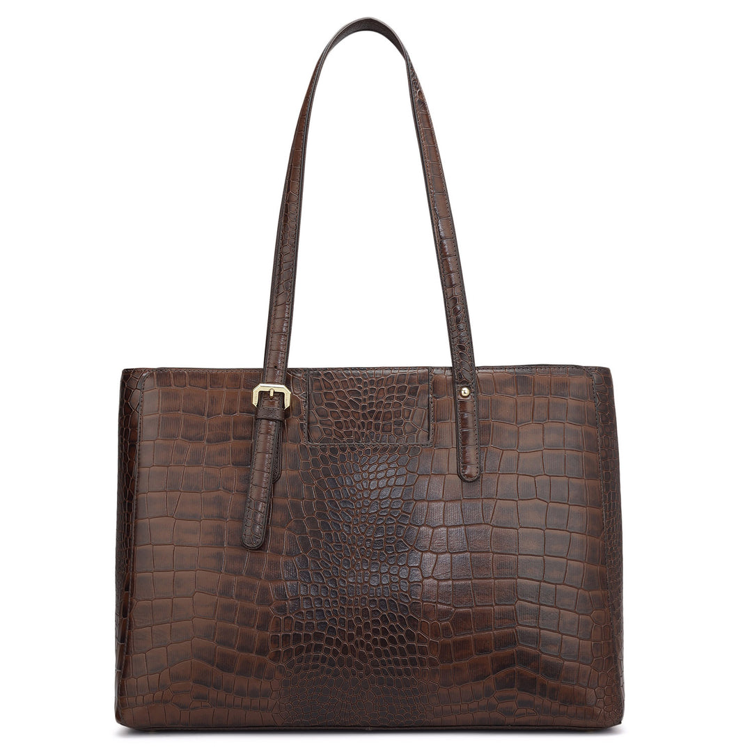 Large Croco Leather Tote - Brown