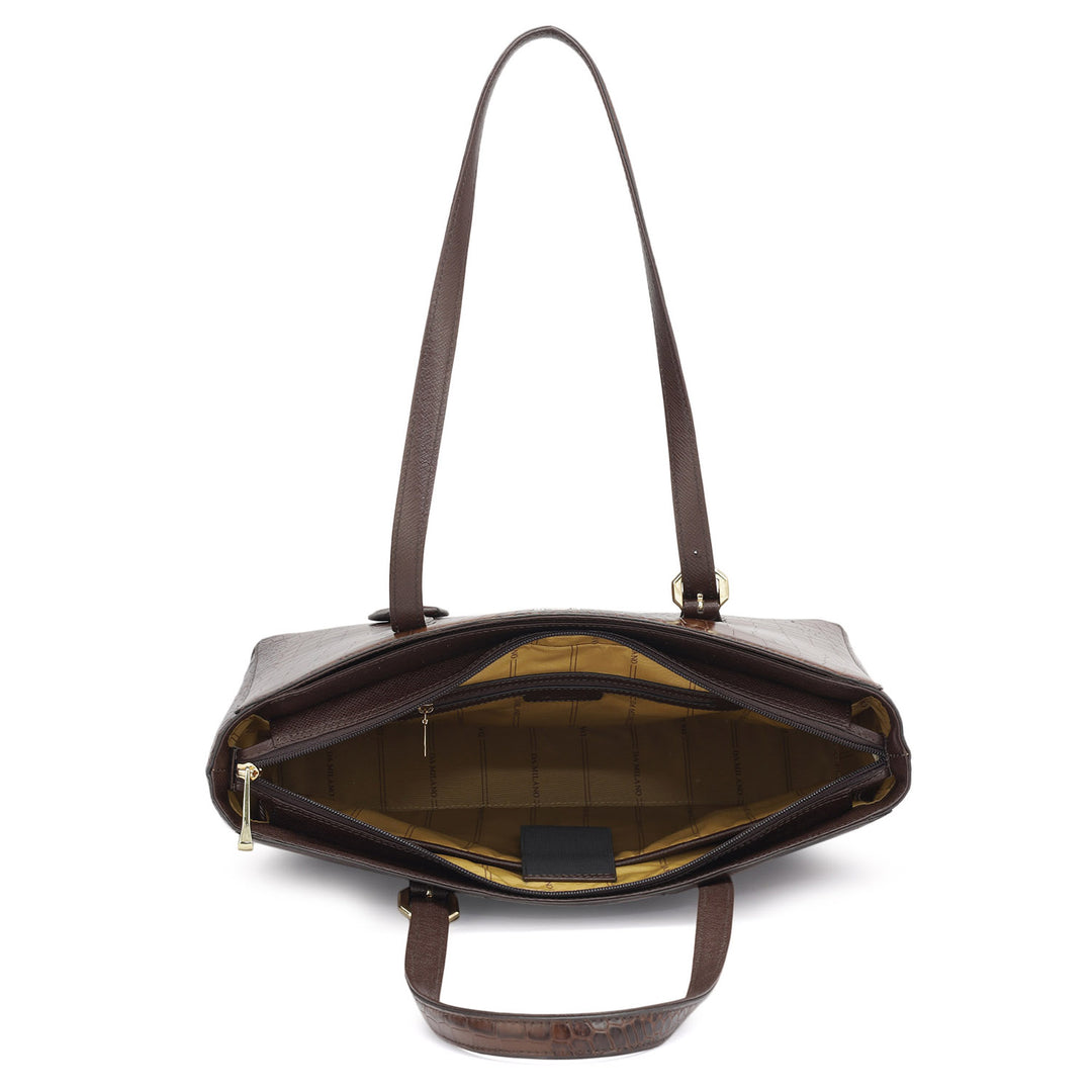 Large Croco Leather Tote - Brown