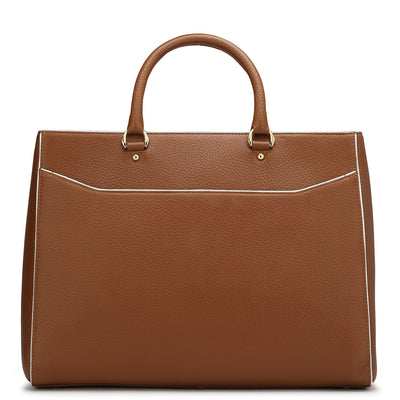 Large Wax Leather Book Tote   - Cognac & White