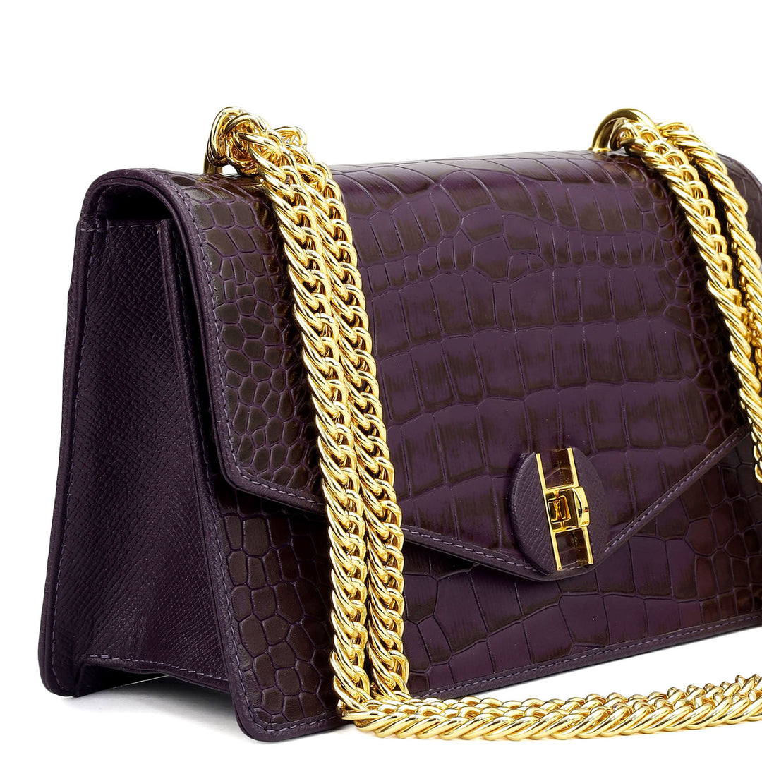 Small Croco Leather Shoulder Bag - Grapevine