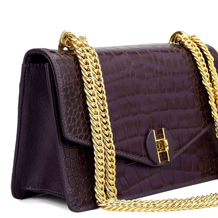 Small Croco Leather Shoulder Bag - Grapevine