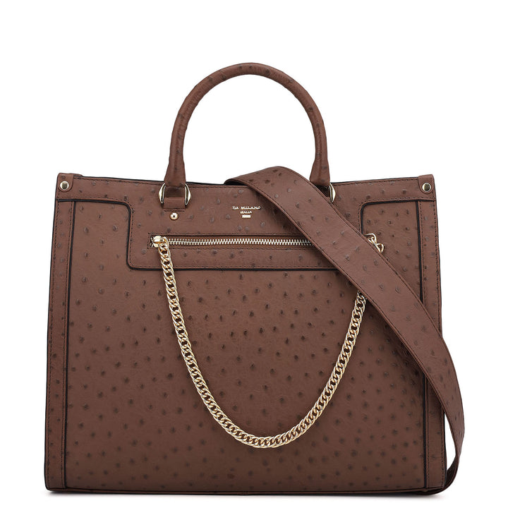 Large Ostrich Leather Book Tote - Brown