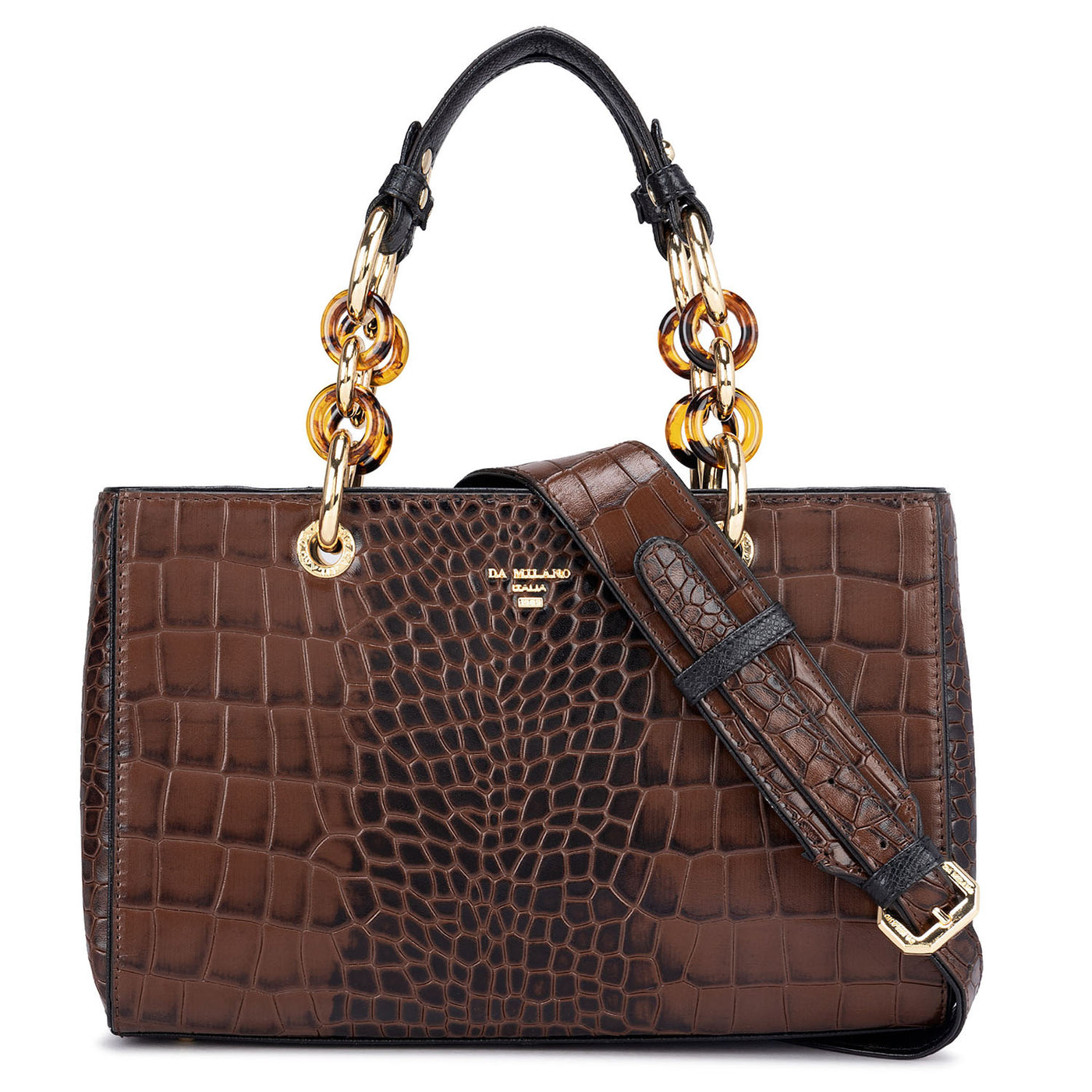 Small Croco Leather Satchel - Brown