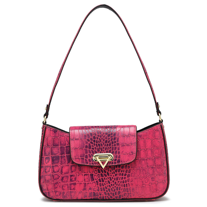 Small Croco Leather Baguette  - Majenta