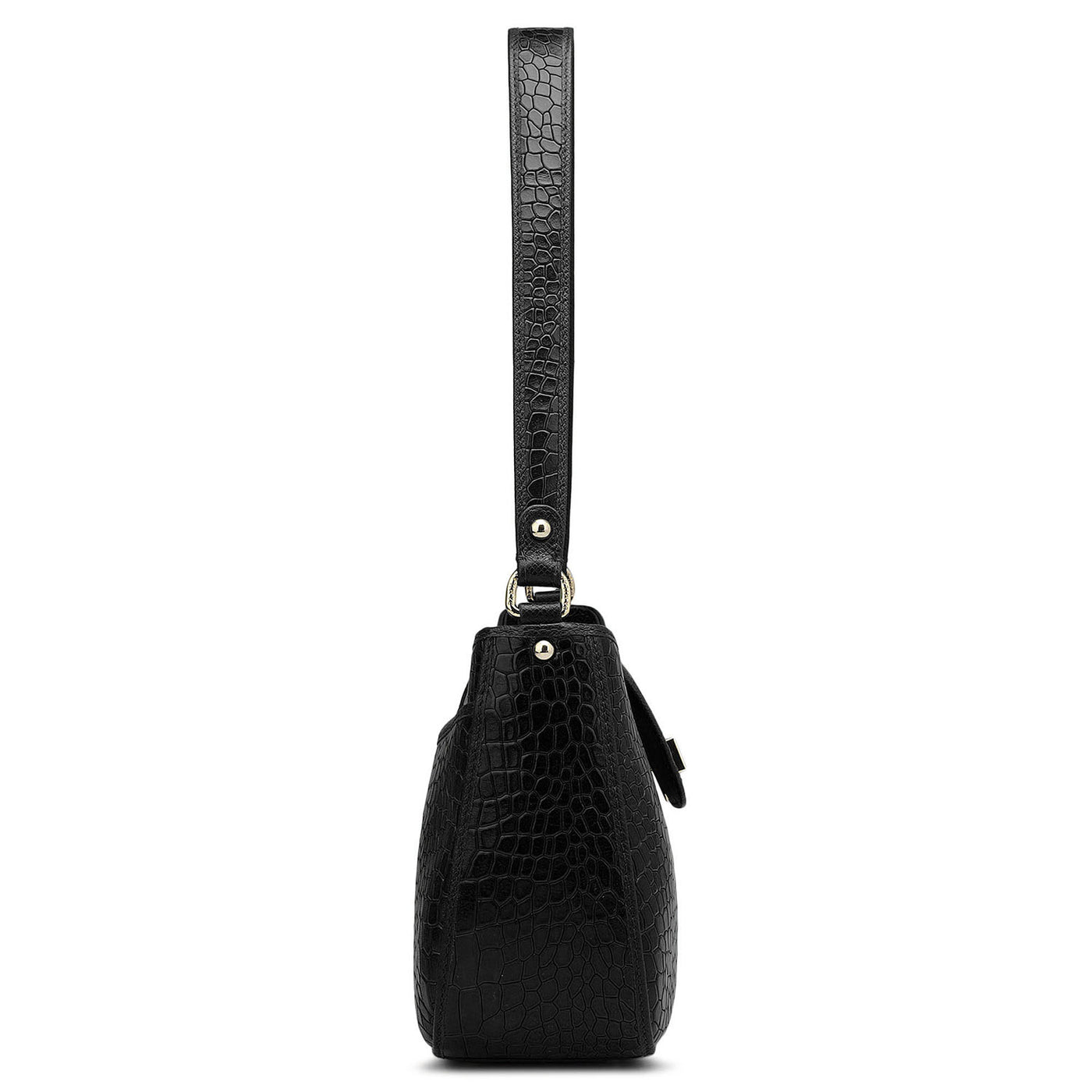 Small Croco Leather Baguette - Black