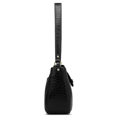 Small Croco Leather Baguette - Black