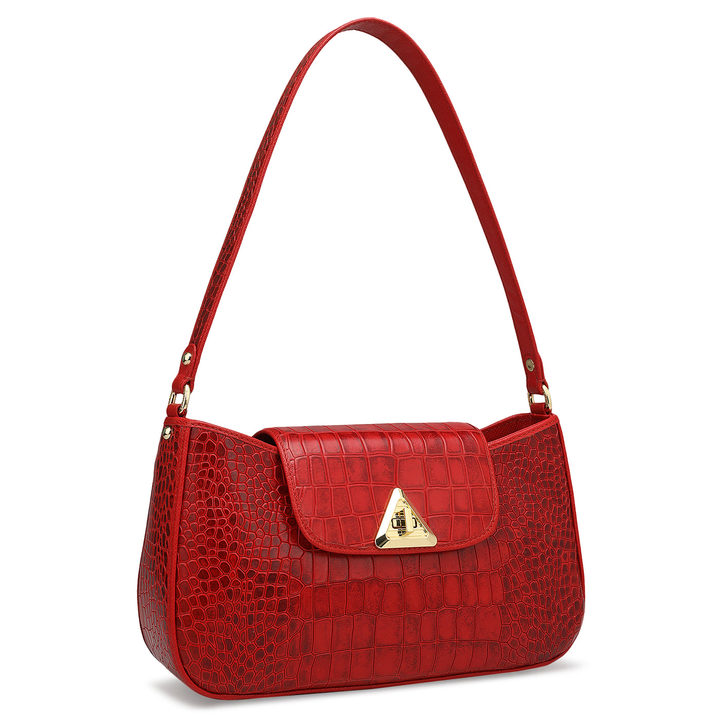 Small Croco Leather Baguette - Red
