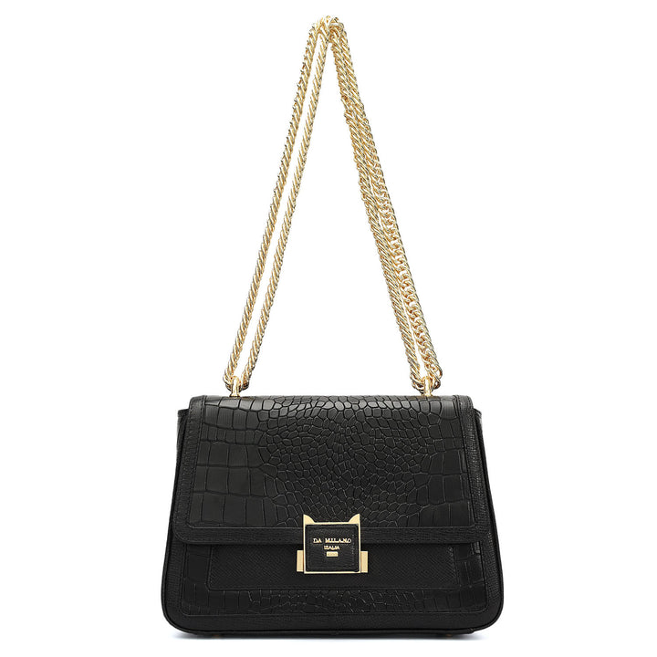 Small Croco Franzy Leather Shoulder Bag - Black