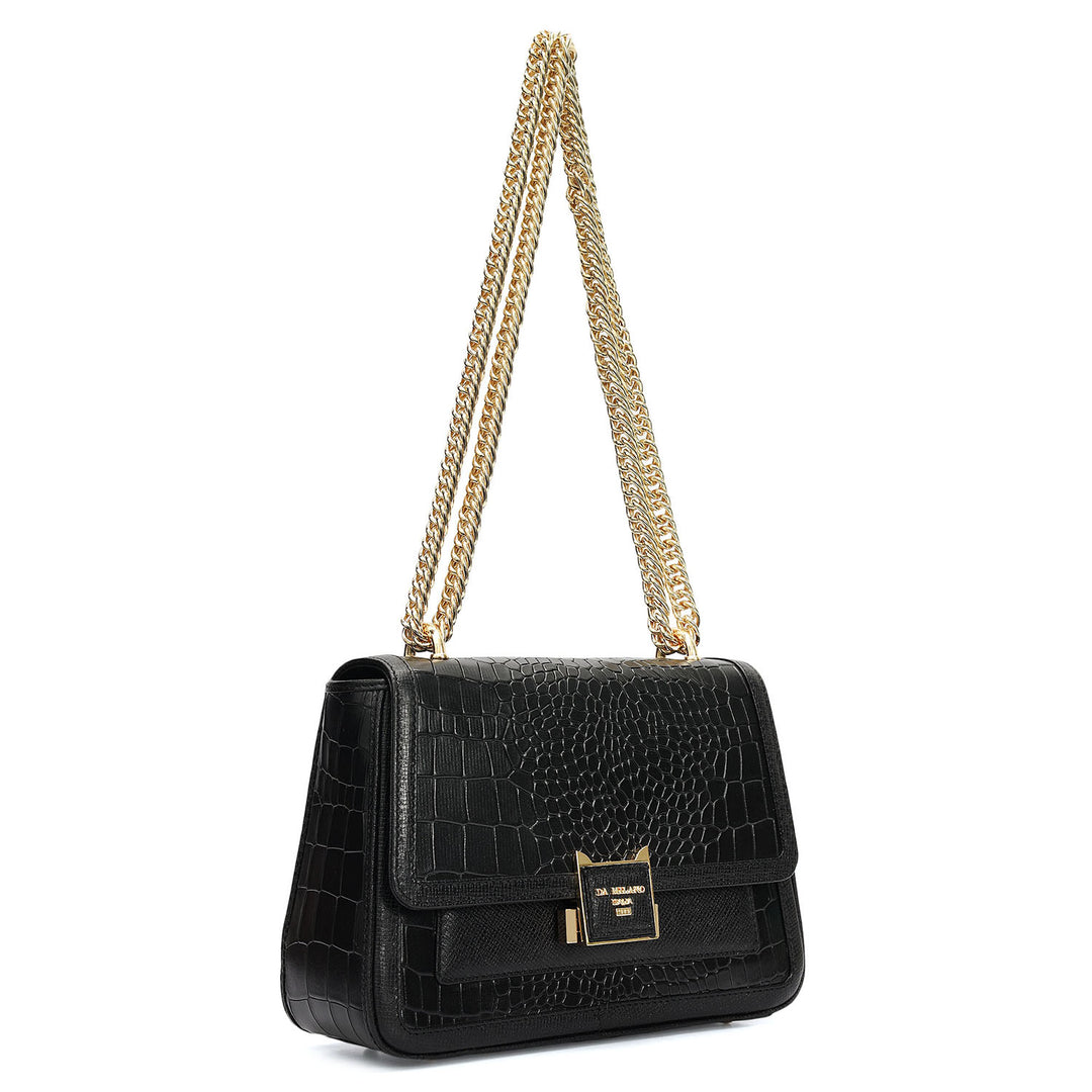 Small Croco Franzy Leather Shoulder Bag - Black