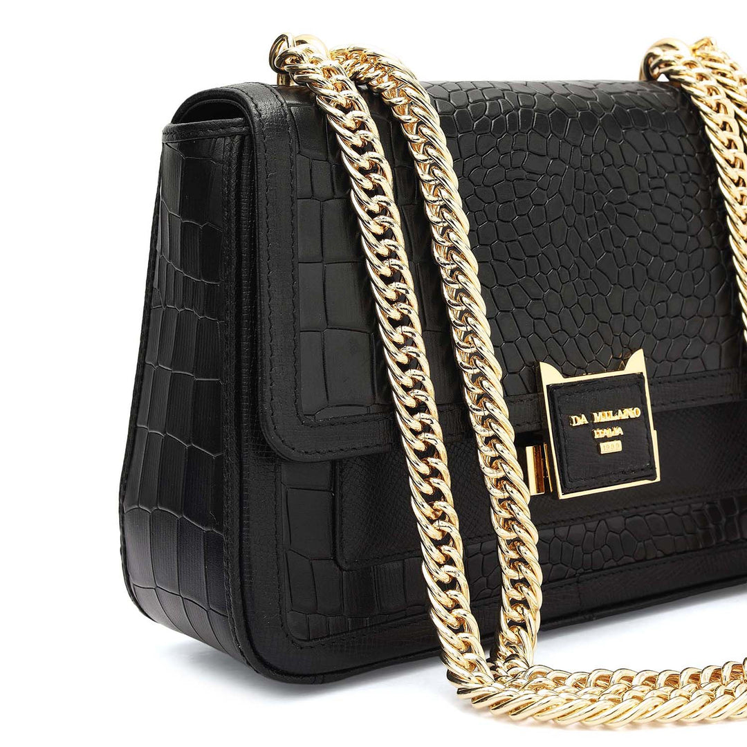 Small Croco Franzy Leather Shoulder Bag - Black