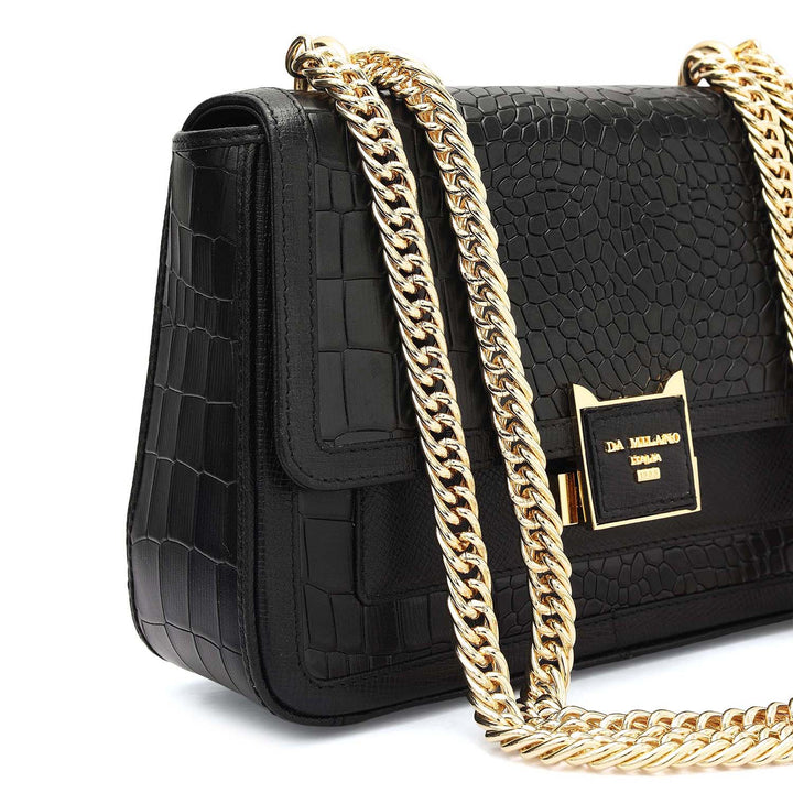 Small Croco Franzy Leather Shoulder Bag - Black