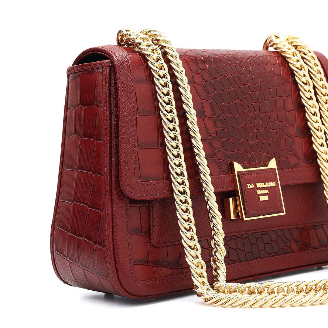 Small Croco Franzy Leather Shoulder Bag - Cherry