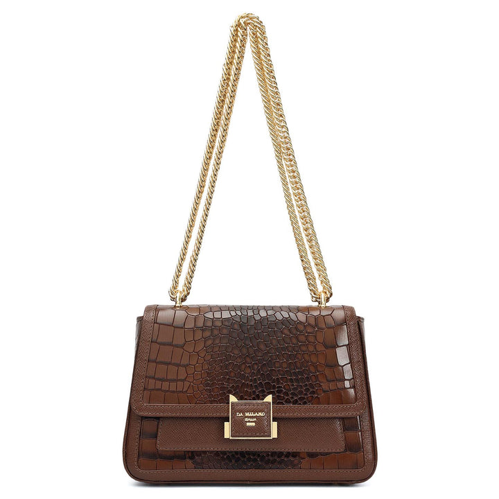 Small Croco Franzy Leather Shoulder Bag - Walnut