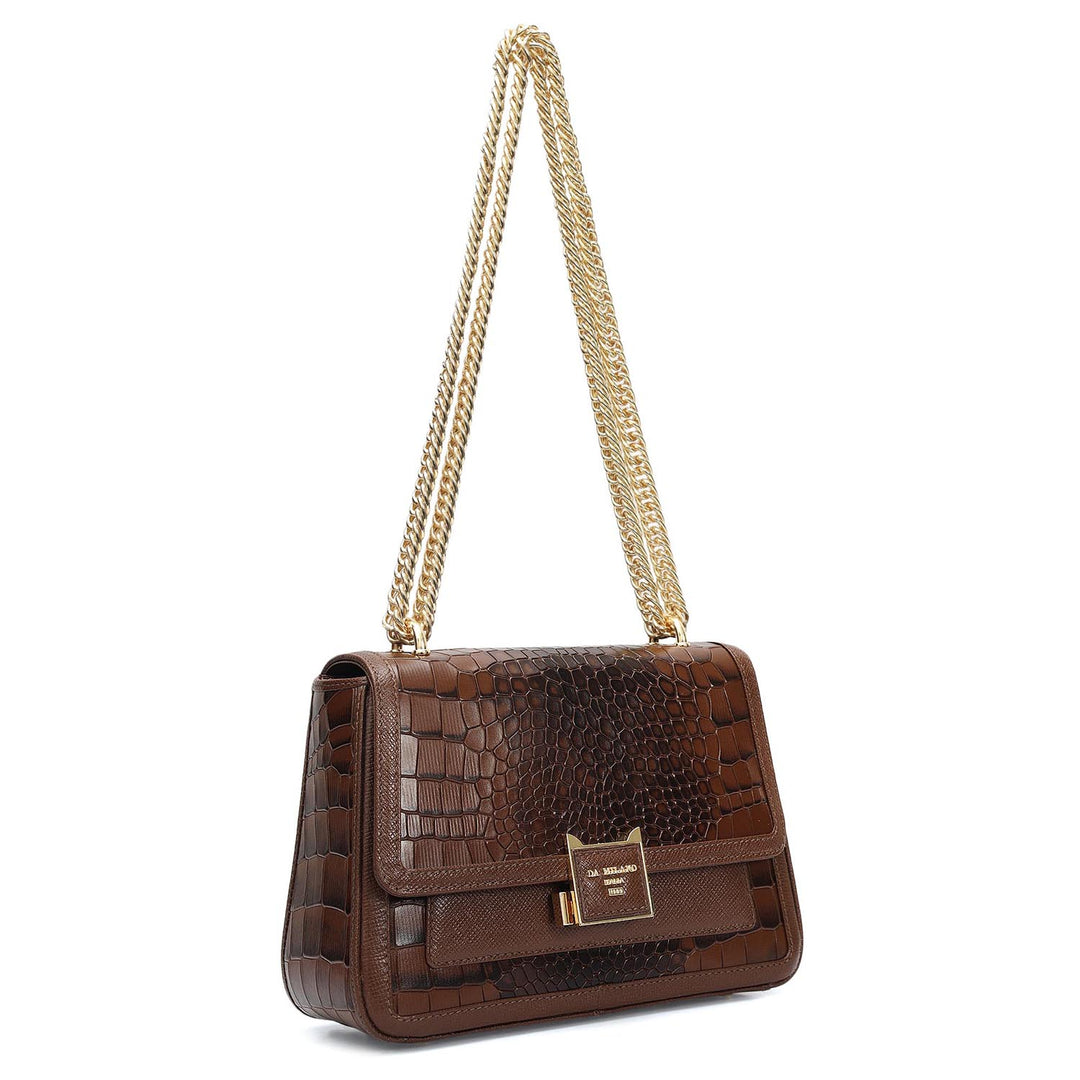 Small Croco Franzy Leather Shoulder Bag - Walnut