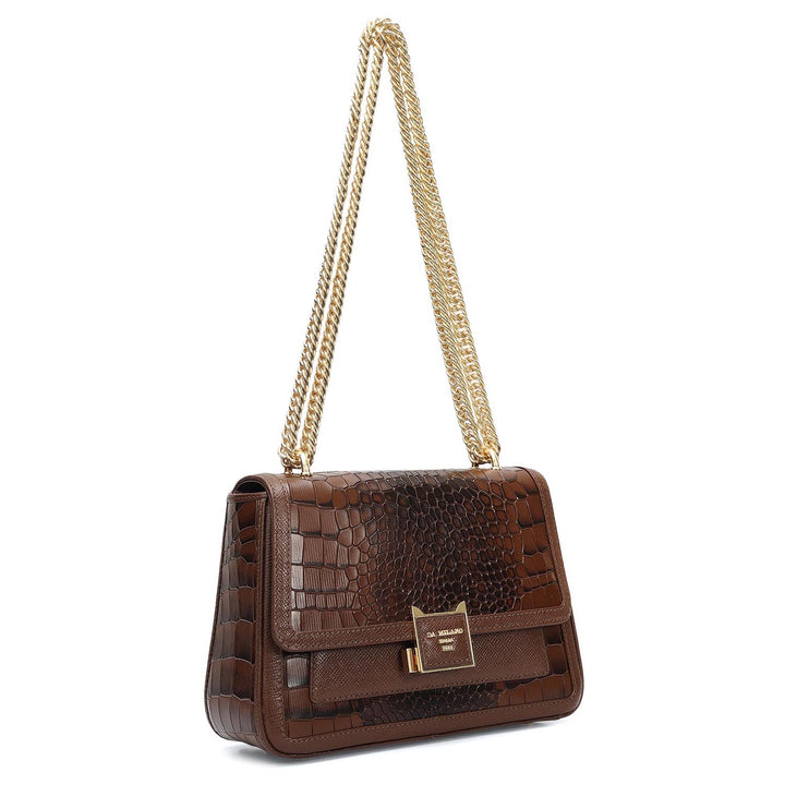 Small Croco Franzy Leather Shoulder Bag - Walnut