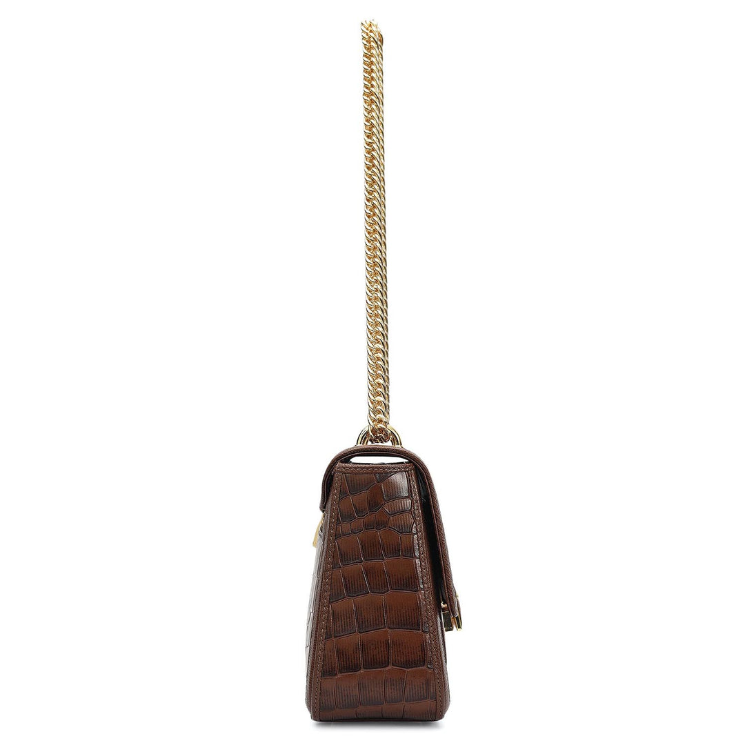 Small Croco Franzy Leather Shoulder Bag - Walnut