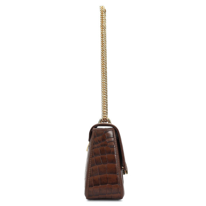 Small Croco Franzy Leather Shoulder Bag - Walnut