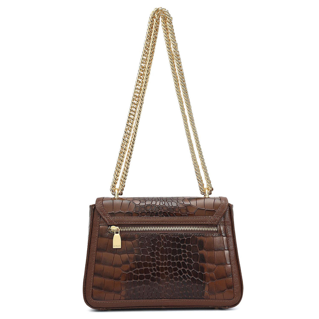 Small Croco Franzy Leather Shoulder Bag - Walnut