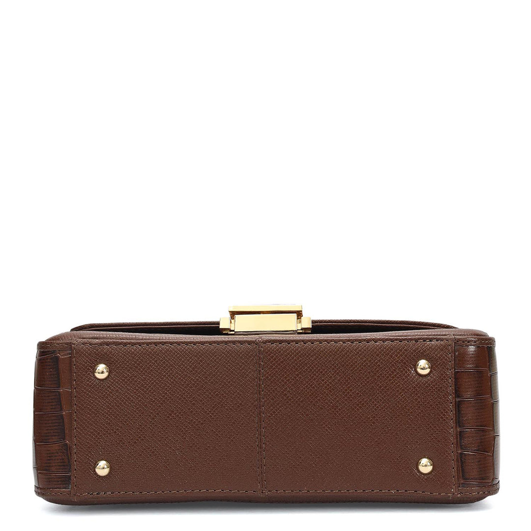 Small Croco Franzy Leather Shoulder Bag - Walnut