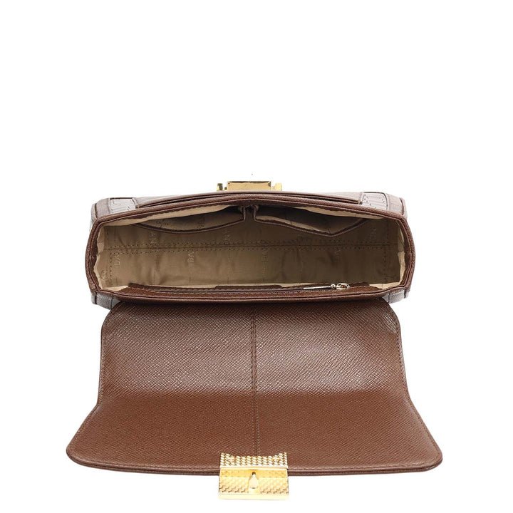 Small Croco Franzy Leather Shoulder Bag - Walnut