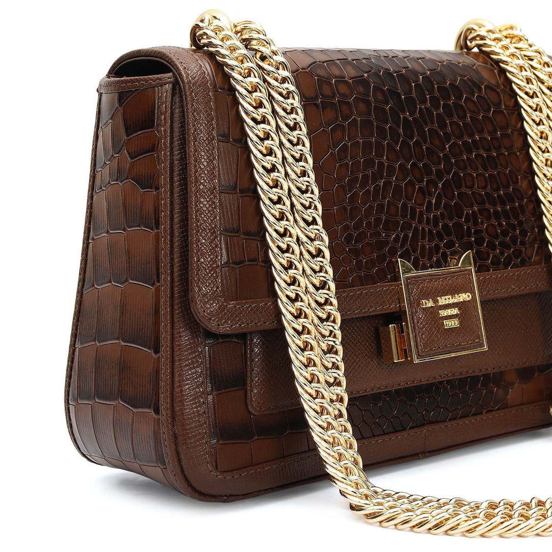 Small Croco Franzy Leather Shoulder Bag - Walnut