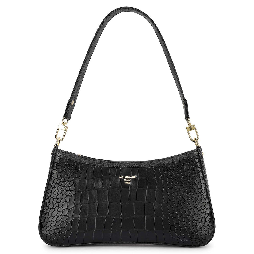 Small Croco Leather Baguette - Black