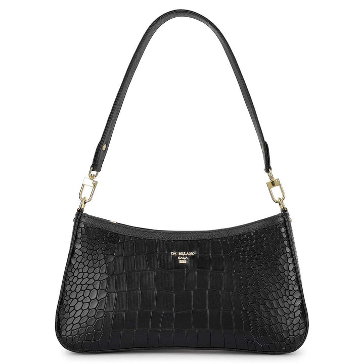 Small Croco Leather Baguette - Black
