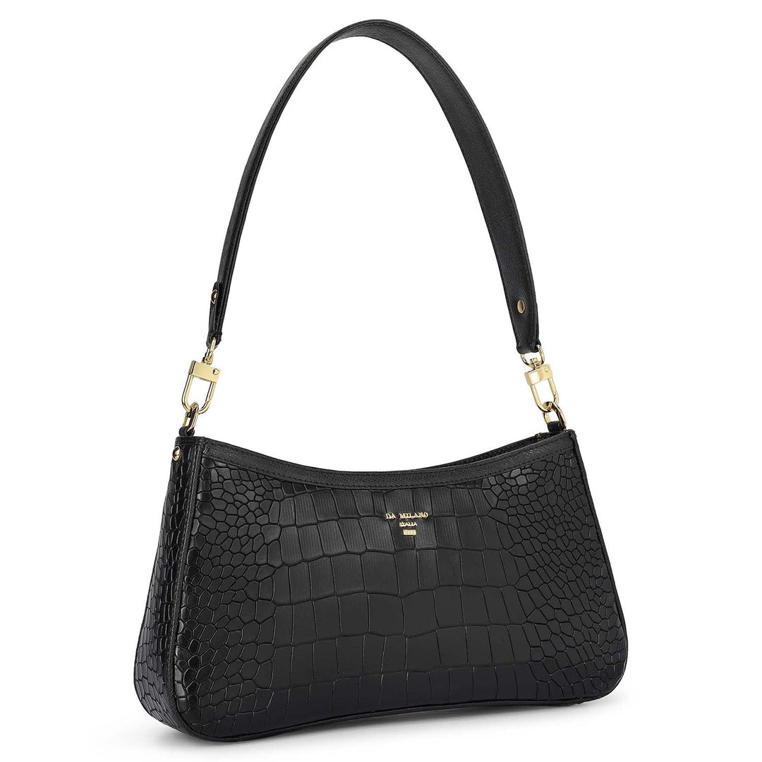 Small Croco Leather Baguette - Black