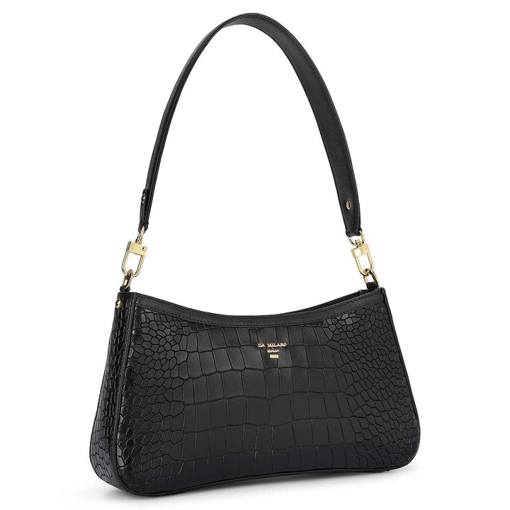 Small Croco Leather Baguette - Black