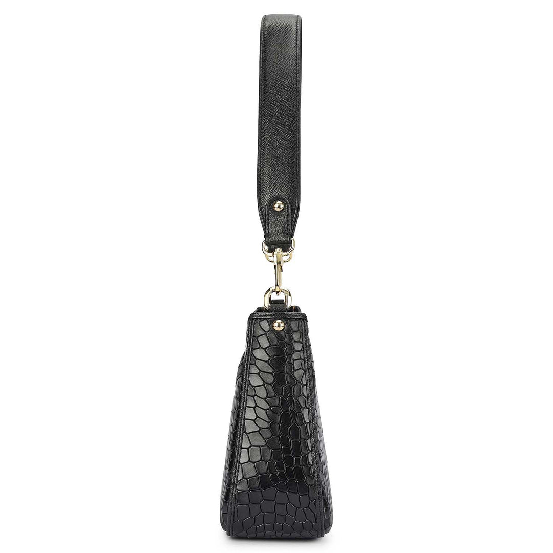 Small Croco Leather Baguette - Black