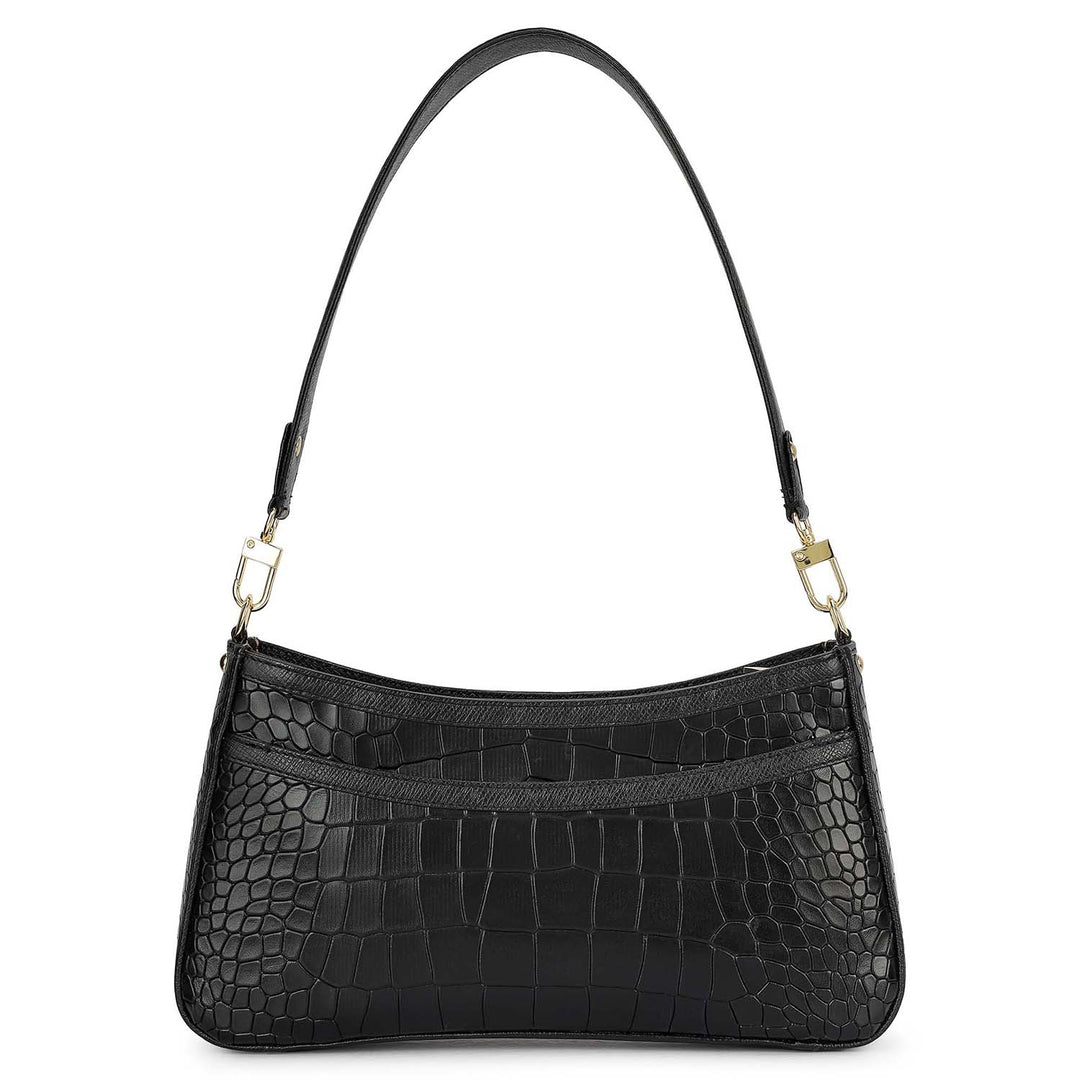 Small Croco Leather Baguette - Black