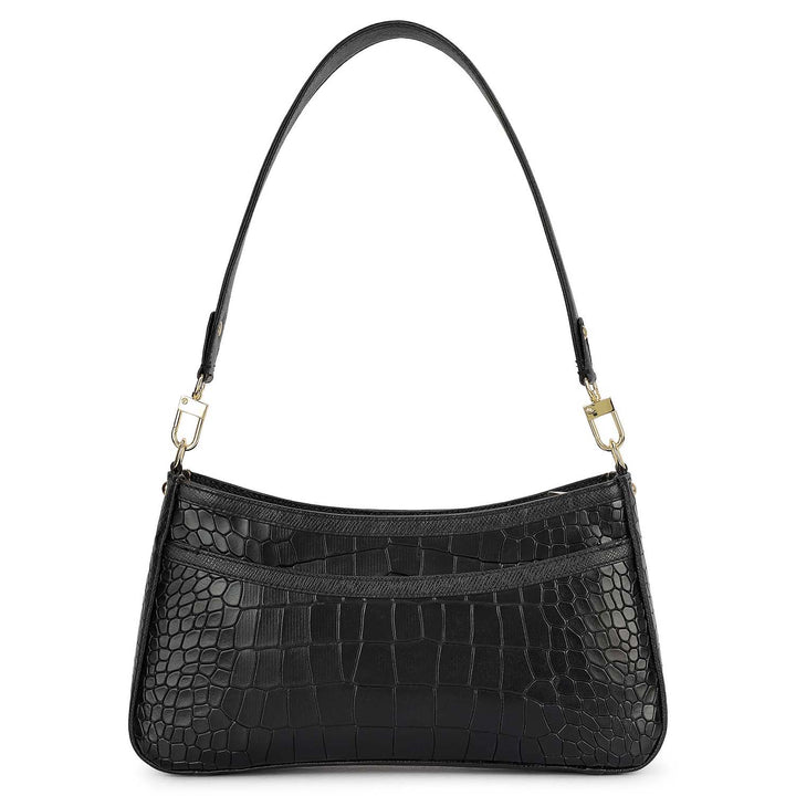 Small Croco Leather Baguette - Black