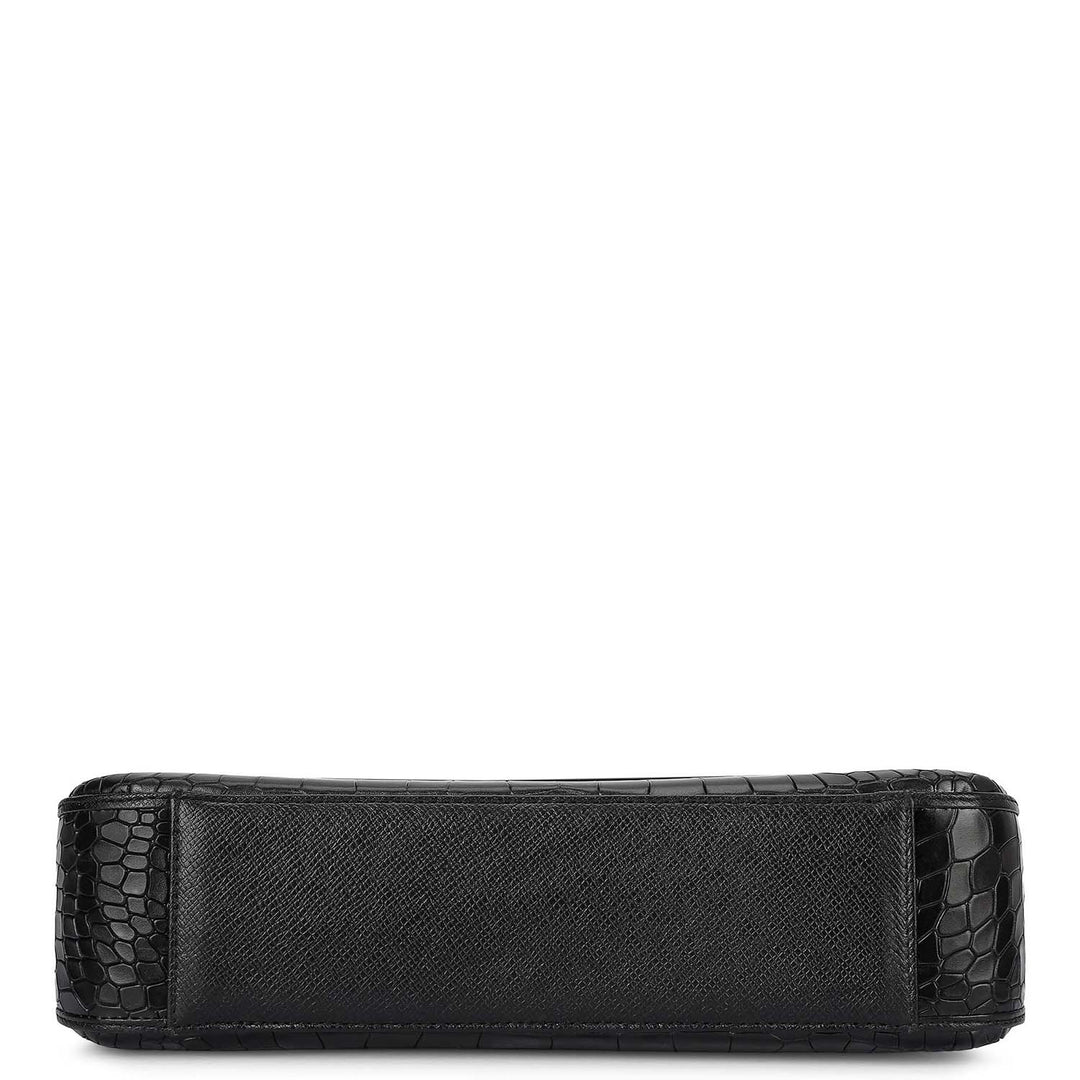 Small Croco Leather Baguette - Black