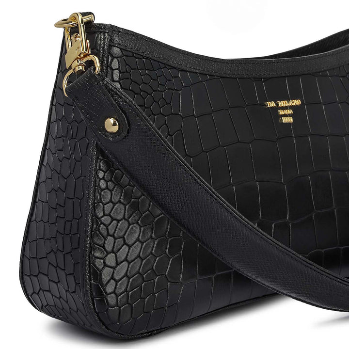 Small Croco Leather Baguette - Black