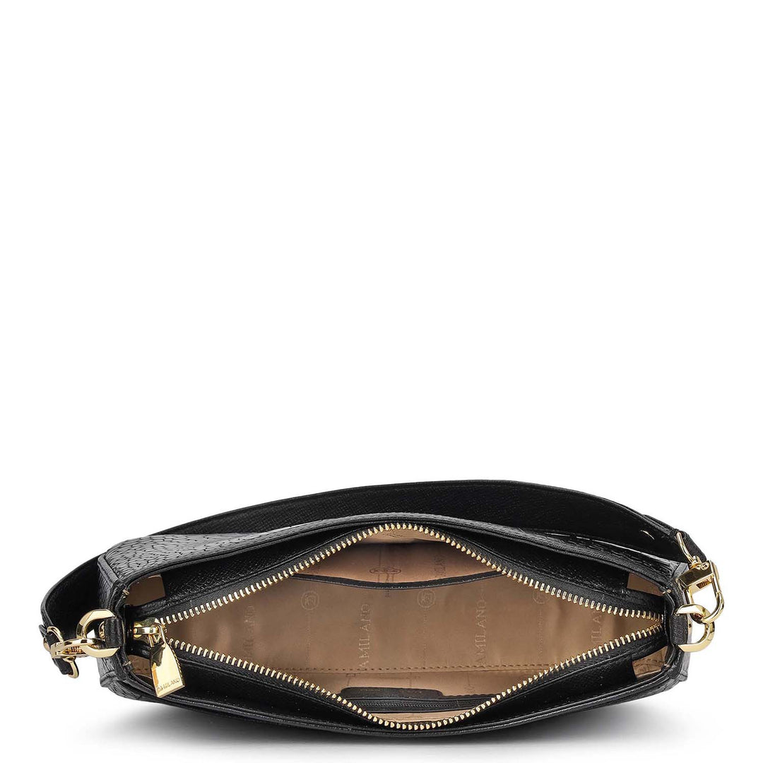 Small Croco Leather Baguette - Black