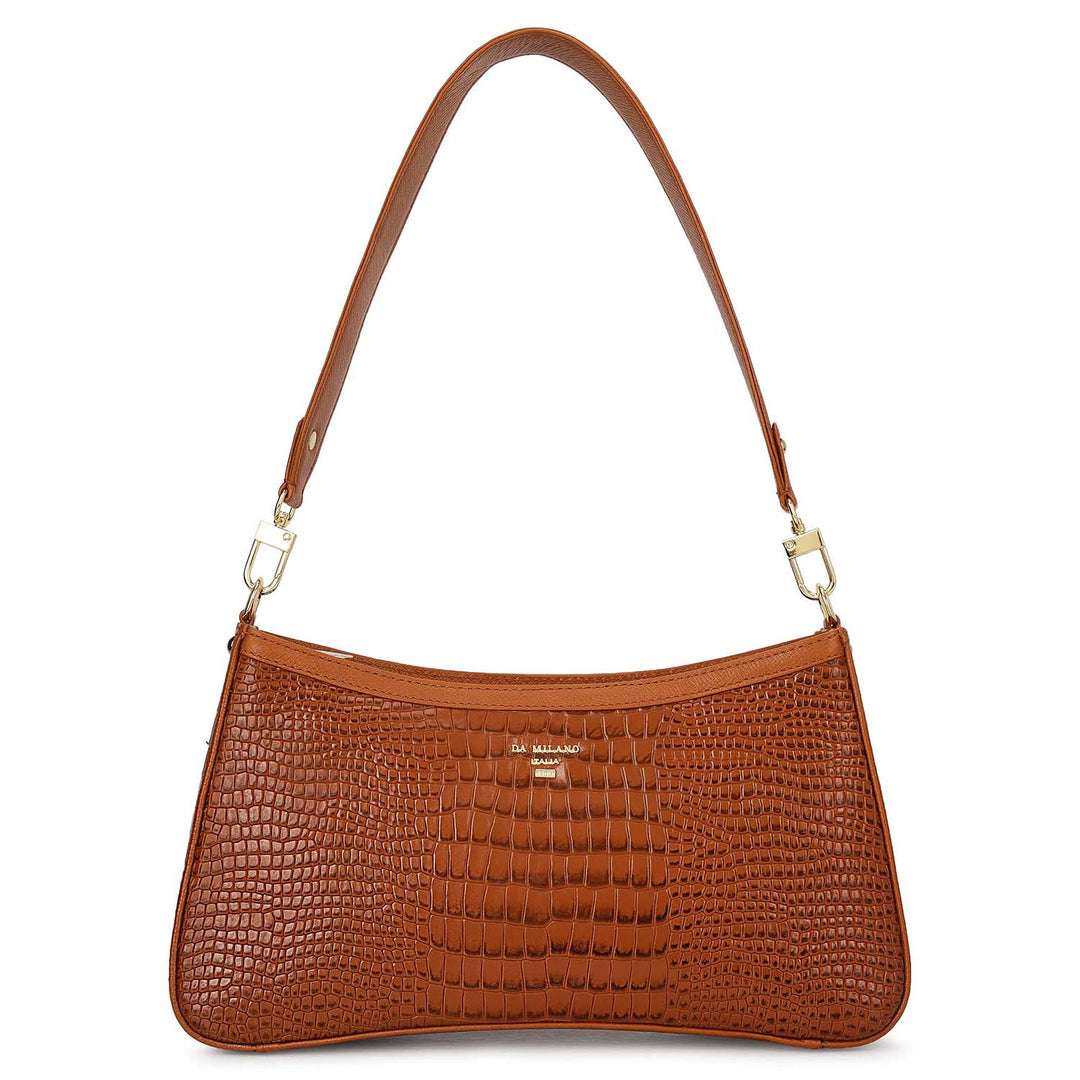 Small Croco Leather Baguette - Cognac