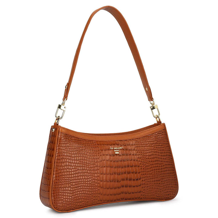 Small Croco Leather Baguette - Cognac
