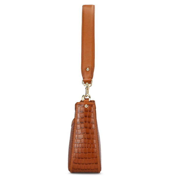 Small Croco Leather Baguette - Cognac